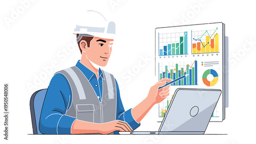 Analyzing Insights: An engineer meticulously examines complex data charts on a screen, working with a laptop in a scene of digital precision and analytical rigor. 