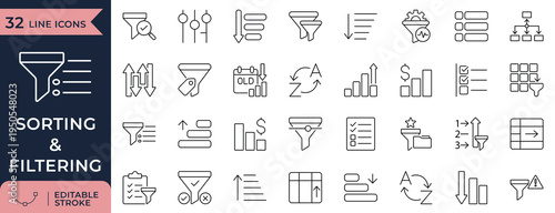 Data sorting and filtering line icons for dashboard interface and analytics tools
