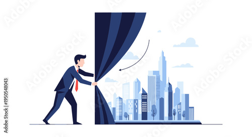 businessman unveiling city skyline growth opportunity vector illustration