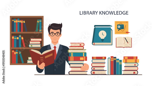 Knowledge Explorer: A studious individual, immersed in a world of knowledge, is surrounded by books, a symbol of learning and discovery. Delving into the realm of intellect.