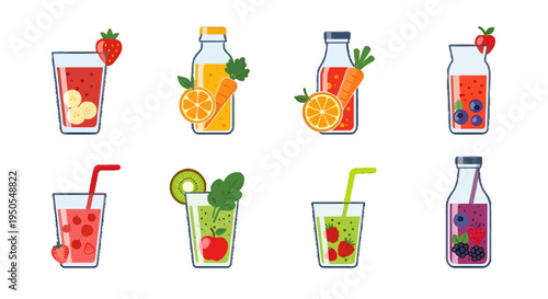 A colorful vector graphic of various fruit drinks and smoothies on transparent background