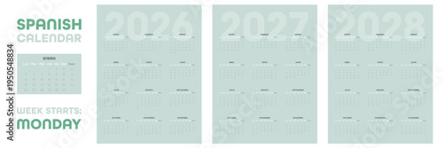 Spanish calendar 2026, 2027, 2028 with clean minimal layout. Desk planner template featuring all months from January to December. Vector design for Spain and Mexico markets.