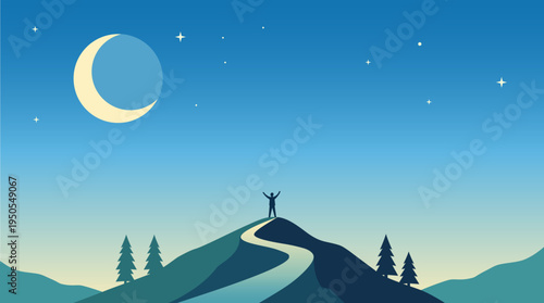 Silhouette of a person standing on mountain peak under crescent moon and stars, symbol of success, achievement and hope.