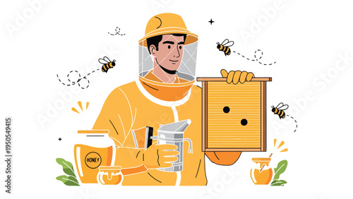 Beekeeper's Harvest: A diligent beekeeper, fully clad in protective gear, holds up a honeycomb frame, surrounded by buzzing bees, ready to collect golden honey.