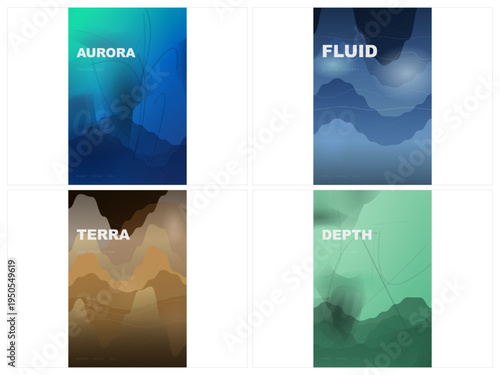 Set of 4 Abstract Gradient Vector Backgrounds with Organic Fluid Shapes and Textures in Blue, Green, and Brown Tones for Modern Digital Design, UI/UX, and Web Banners
