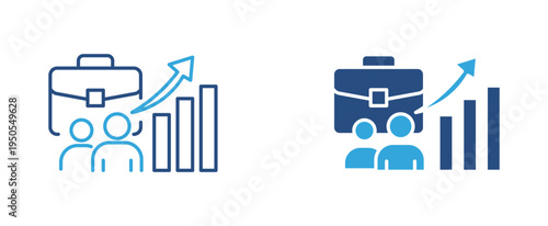 Career growth icon set. Briefcase above team with rising bar chart arrow, business development and professional success concept. Vector illustration.