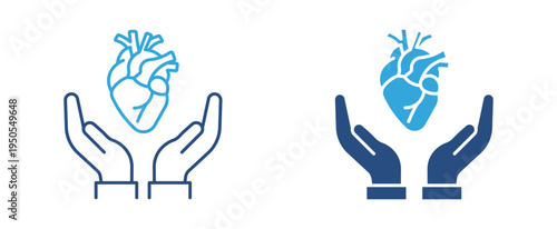 Heart care icon set. Hands holding human heart icon, healthcare, cardiology and medical protection concept. Vector illustration.