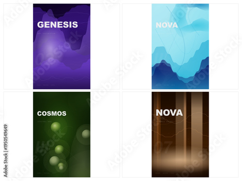 Set of 4 Abstract Gradient Vector Backgrounds with Text Overlays: Genesis, Nova, Cosmos, and Nova in Purple, Blue, Green, and Brown Tones for Modern Design