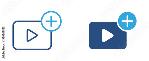 Add video icon set. Video player with plus sign icon, upload or add media content concept. Vector illustration.