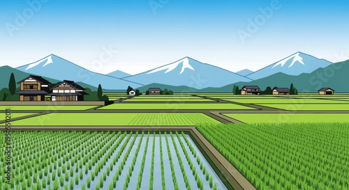 Japanese Rice Paddy Landscape with Mountains and Traditional Houses