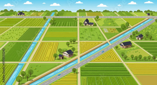 Aerial View of Rural Farmland with Irrigation Canals and Houses