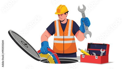 Craftsman at Work: A skilled artisan, clad in workwear, diligently attends to infrastructure, tools at the ready, against a clean backdrop.