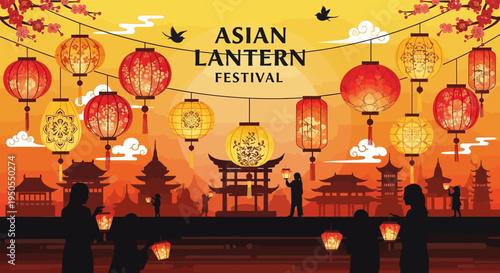 Asian Lantern Festival Celebration with Traditional Architecture and Silhouettes