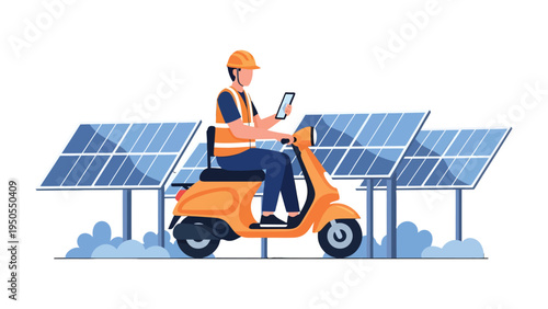 Solar Panel Technician on Scooter: A skilled technician on an orange scooter, using a tablet, assesses the functionality of solar panels, promoting renewable energy and technological advancement.