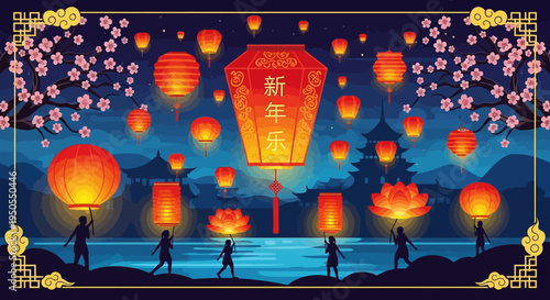 Chinese New Year Lantern Festival: People Celebrate with Floating Lanterns and Cherry Blossoms