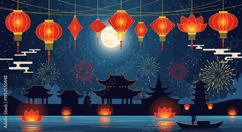 Chinese New Year Celebration: Lanterns, Fireworks, and Pagodas by the Water