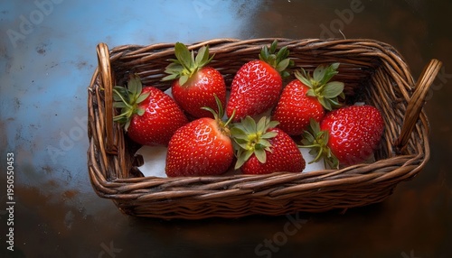 Vibrant Pile of Ripe Strawberries in a Rustic Wicker Basket Surrounded by Fresh Green Leaves