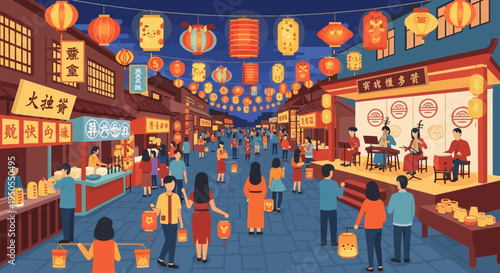 Chinese New Year Street Festival with Lanterns, Food Stalls, and Performers
