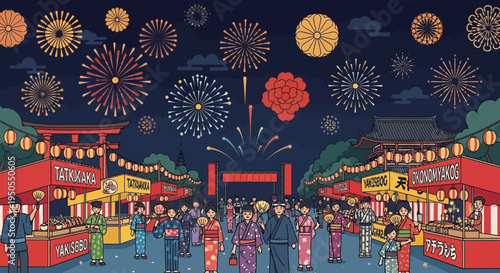 Japanese Summer Festival with Fireworks and Food Stalls
