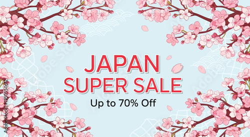 Japan Super Sale Banner with Cherry Blossoms and Discount Offer