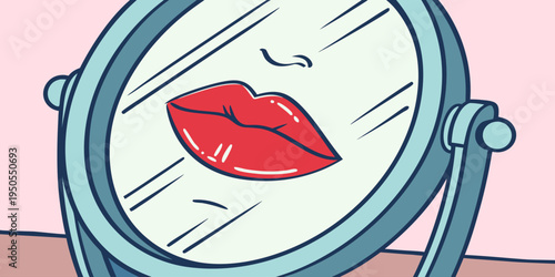 Minimalist vector illustration of red lips reflected in a round mirror symbolizing beauty, cosmetics, self care, makeup routine, and feminine fashion concept with pastel background.