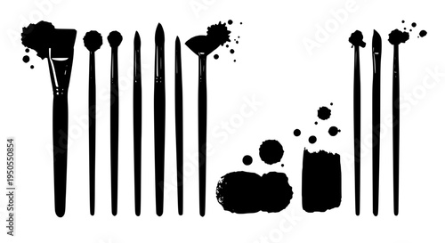 Brushes paint set with black ink splatters and various tips featuring artistic tools, painting supplies, art materials