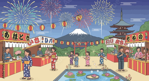 Japanese Summer Festival with Fireworks and Mt. Fuji
