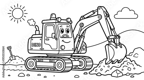 Excavator cartoon construction machine digs earth.