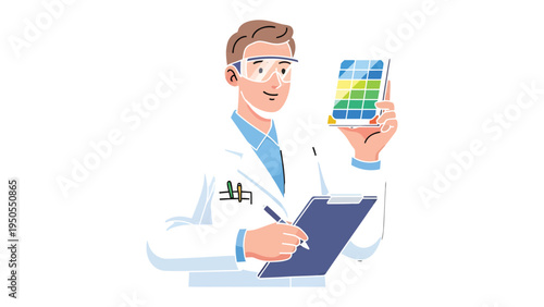 Solar Panel Scientist: A diligent scientist examines a solar panel, meticulously documenting findings in the pursuit of innovative energy solutions.