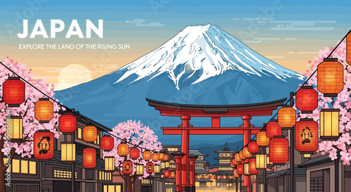 Japan Traditional Street Scene with Mount Fuji and Cherry Blossoms