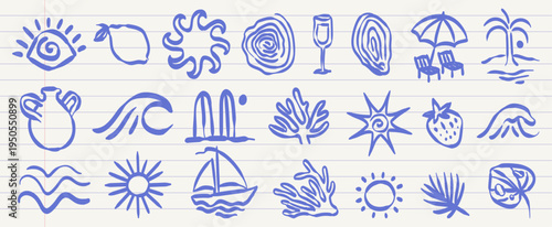 Hand drawn doodle boho beach surf vector illustrations. Tropical naive coastal emblem elements. Palm trees, waves, starfish, surfboard and sun. Summer icons and design for t-shirt, poster and placard.