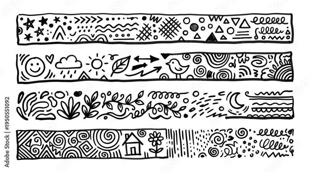 Fototapeta premium Decorative hand-drawn borders featuring nature, weather, and abstract patterns for creative projects