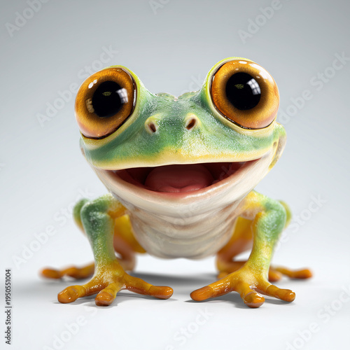 Happy green frog with big eyes sitting on a light background  