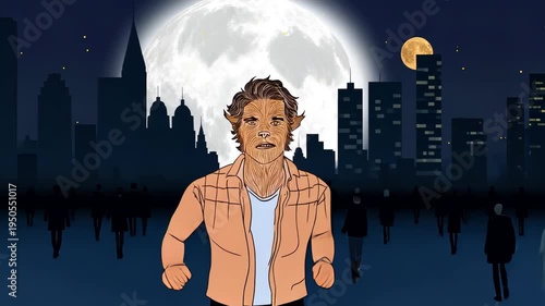 Urban Night Scene: Animated Character's Adrenaline-Fueled Journey in Moonlit City Skyline