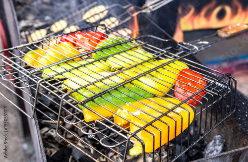 Grilled vegetables cooking on coal grill