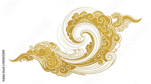 Intricate golden wave design featuring flowing patterns and curves against a white background