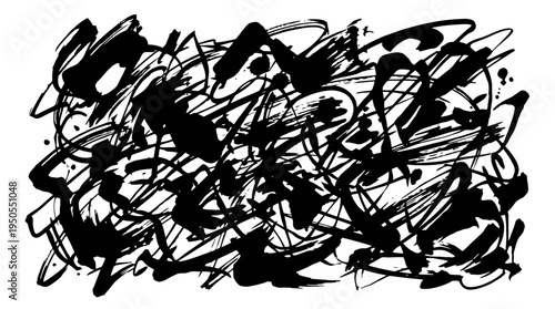 Abstract black ink splatter artwork featuring chaotic lines and shapes on a white background