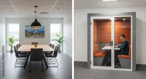 Modern Office Meeting Room and Private Work Pod with Man Working