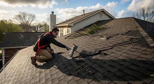Roofer Repairing Damaged Roof Tiles on House.