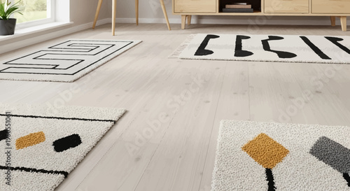 Modern Geometric Rugs on Light Wood Floor - Interior Design Concept