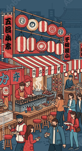 Japanese Street Food Festival Scene with Lanterns and Crowds