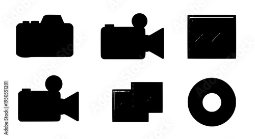 Cameras set with black silhouettes and various shapes for photography and video recording featuring camera, graphic
