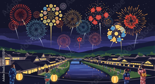 Japanese Summer Festival: Fireworks Over Traditional Village and River