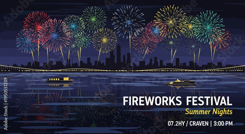 Pixel Art Fireworks Festival Over City Skyline at Summer Night