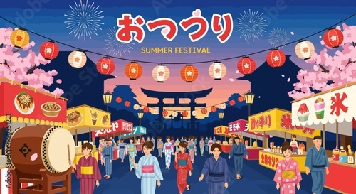 Japanese Summer Festival: People in Yukata Enjoying Food Stalls and Games