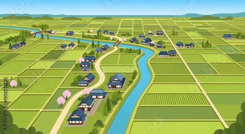 Japanese countryside with rice paddies, river, and traditional houses, aerial view