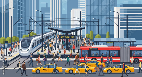 Busy city street with train, bus, taxis, and pedestrians, urban transportation hub