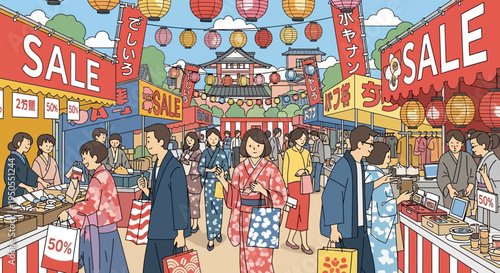 Japanese Summer Festival Sale: People in Yukata Shopping at Traditional Market Stalls