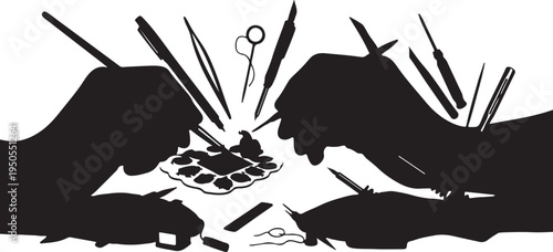 Three computer monitors on desks with various accessories Vector