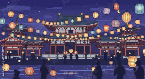 Pixel Art Japanese Temple Festival at Night with Lanterns